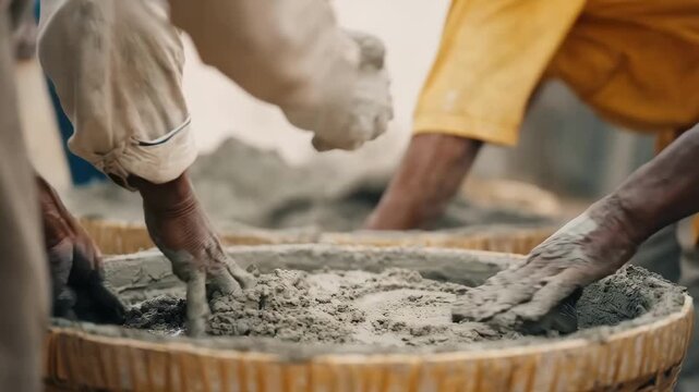 Closeup medium shot of workers mixing natural sand and clay to prepare sustainable green sand molds emphasizing traditional foundry craftsmanship and versatility.