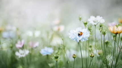 Fototapeta premium Ladybug resting on a delicate light blue cornflower in a soft focus summer meadow, representing nature's beauty and tranquility