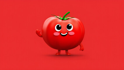 Playful and Adorable 3D Cartoon Tomato Character Waving with a Cheerful Smile, Poised on a Bright Red Background, Emitting a Sense of Freshness and Happiness, Generative AI