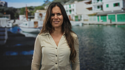 Woman grimacing beside boats at a building lined amsterdam canal in daylight, long dark hair and...
