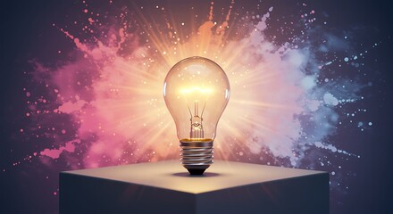 Glowing lightbulb illuminating idea and creativity on colorful background