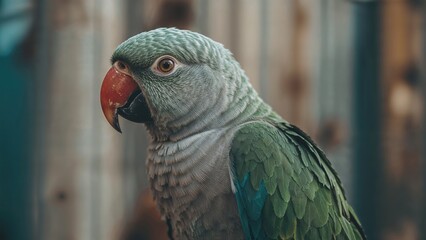 Obraz premium Paraphrased title: Close-up of a parrot with green feathers and an orange beak, showing detailed features and textures.