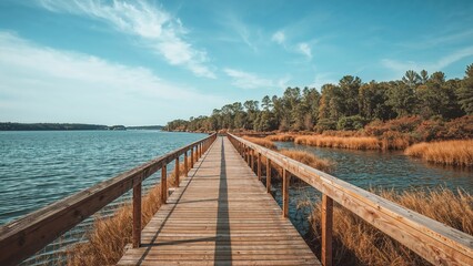 Naklejka premium A wooden walkway extending into the distance across a lake with forested shoreline and a partly cloudy sky.
