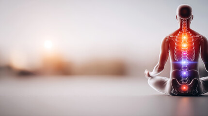 Digital human figure in lotus pose, displaying glowing chakra energy centers along the spine, representing meditation and balance