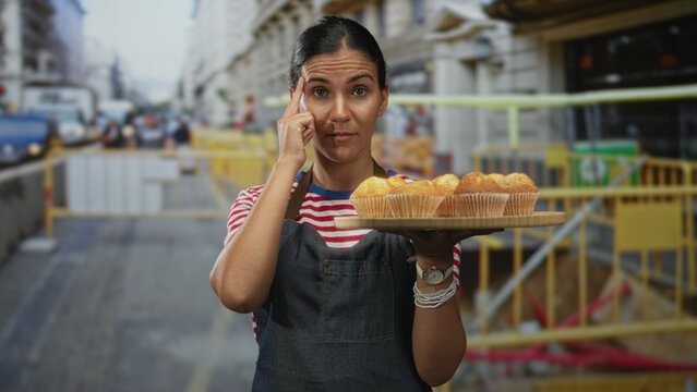 Woman displaying fresh muffins on a wooden tray, wearing denim apron and striped shirt, and points finger forward on street; confidence offering.