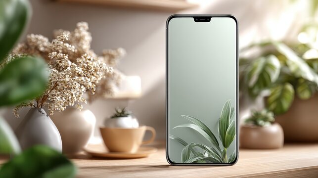 Close-up of a smartphone mock-up displaying pink flowers on the screen surrounded by beautiful fresh flowers and a gray surface