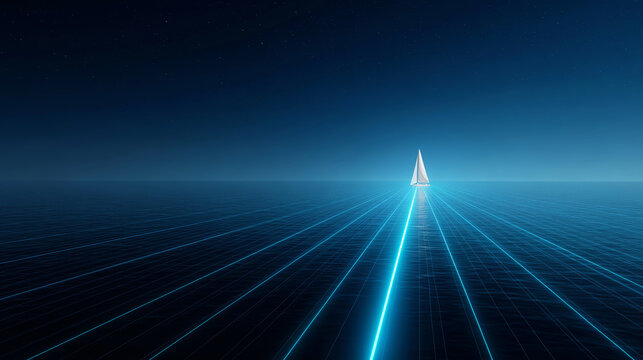 Sailboat moving forward on a dark blue, grid like ocean with glowing neon lines, symbolizing digital navigation and future progress