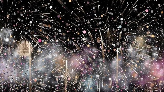 Spectacular Fireworks Display with Colorful Confetti and Sparkling Particles on Black Background