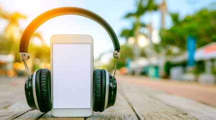 Headphones resting on blank screen smartphone, listening music, audio technology, outdoor relaxation and entertainment concept