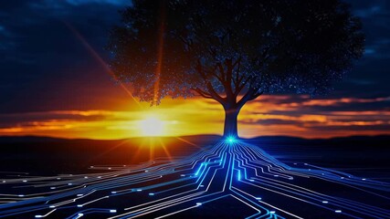 Futuristic tree at sunset with technology circuitry glowing circuit roots merge with nature, sky, and landscape in digital connection scene - Powered by Adobe