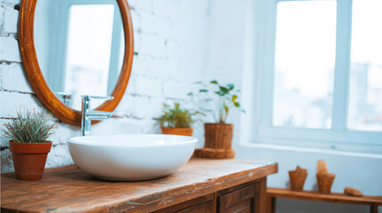 Bathroom vanity featuring a clean white sink, rustic wooden countertop, oval mirror, and plants, creating a natural, inviting ambiance