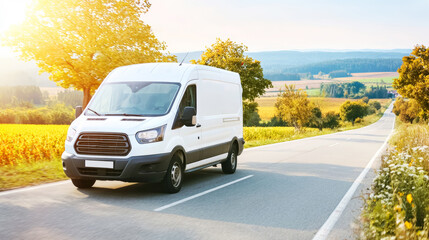 Obraz premium Cargo van driving along a winding road, transporting shipments through a scenic rural area with trees and yellow fields under sunlight