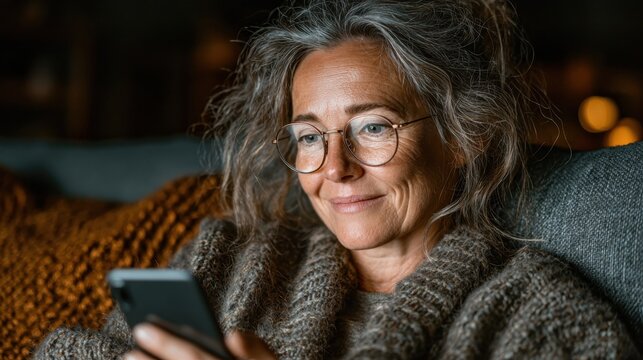 Happy mature woman using smartphone on couch in living room at home