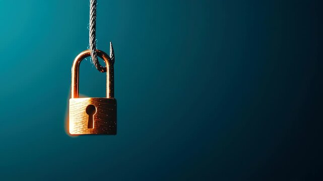 Golden padlock security protection privacy access lock metal safety secure cyber risk phishing hook concept with tension and caution, fraud