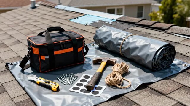 Medium shot capturing the use of a tarping kit with tools and materials illustrating efficient emergency roof repair preparation.