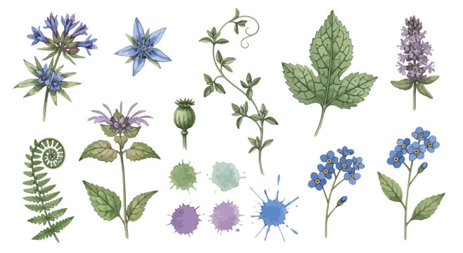 Collection of watercolor botanical illustrations featuring various blue and purple wildflowers, leaves, and sprigs