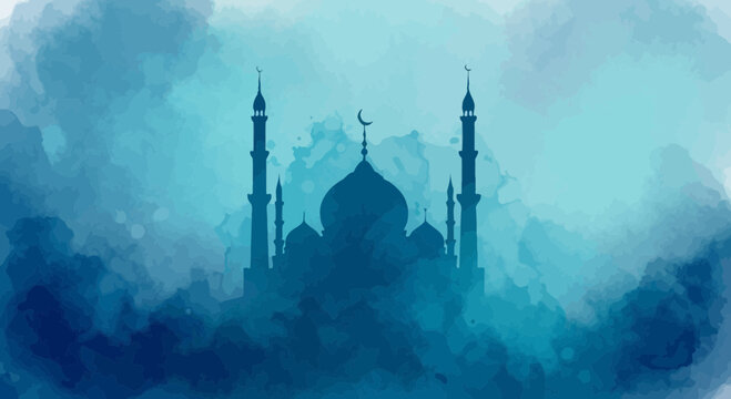 Silhouette of a mosque with minarets and a dome against an abstract, textured background of varying shades of blue and white, evoking a spiritual atmosphere