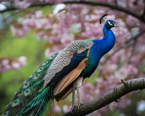 Obraz premium Stunning peacock perched gracefully on a branch, vibrant blue plumage contrasting with soft pink blossoms in the background, a symbol of beauty and nature