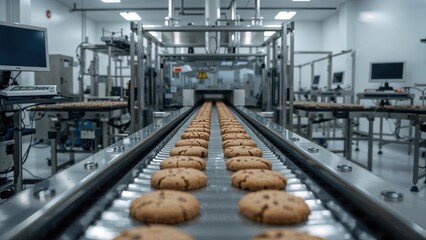 Cookies on an industrial conveyor belt in a modern manufacturing facility. Food production and automation process. Technology in baking and processing. The concept of food technology.