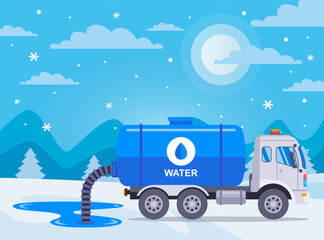 Filling a well with water. Truck with a tank and a pump hose. Machine for draining liquid. Industrial vehicle.