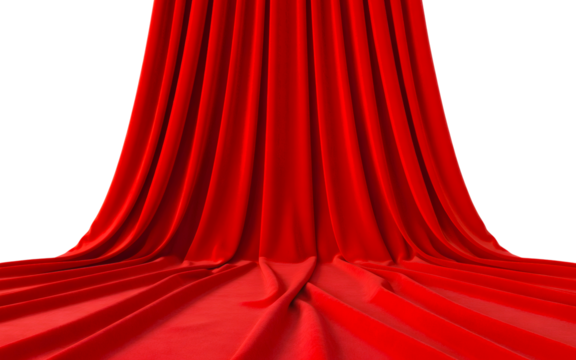 Dramatic red curtain cascading down, isolated on transparent background, creating a sense of anticipation and elegance