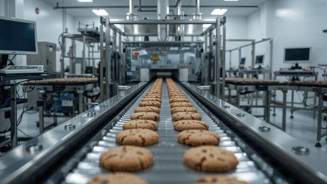 Fototapeta Cookies on an industrial conveyor belt in a modern manufacturing facility. Food production and automation process. Technology in baking and processing. The concept of food technology.