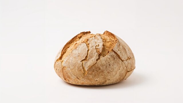 A loaf of rustic bread with a cracked crust on a plain white background.