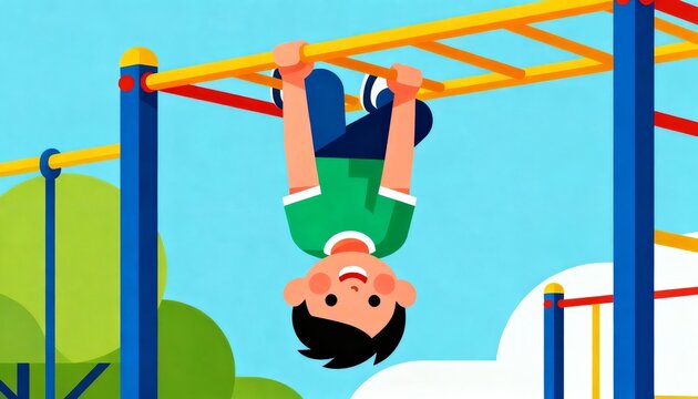 A playful illustration of a child hanging upside down on monkey bars, smiling joyfully against a bright blue sky and vibrant playground.