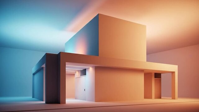 Minimalist architectural rendering of a modern geometric structure, bathed in duotone lighting