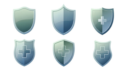 Six gradient shield icons for protection isolated on transparent background