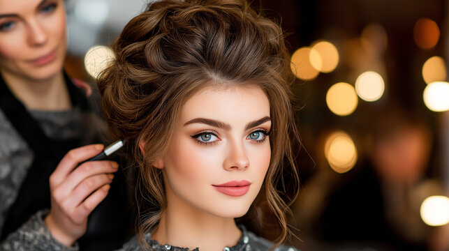 Professional stylist working on sophisticated hairdo for beautiful woman, focusing on details and perfection for a special occasion