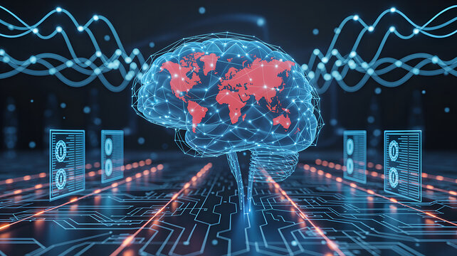 Artificial intelligence brain network technology digital world map neural network data
