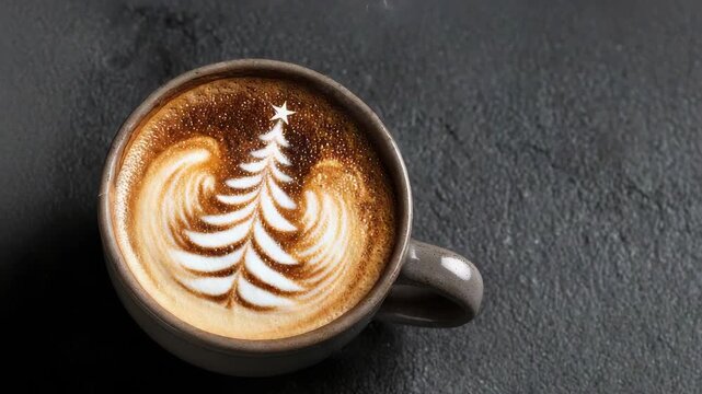 Festive Christmas tree latte art in a ceramic mug on a dark background
