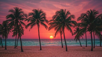Obraz premium Sunset over the ocean with palm trees on the beach, vibrant sky, and calm waves at dusk. Tropical paradise scene.