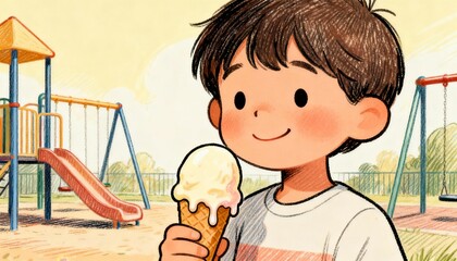 A joyful boy enjoys an ice cream cone at a playground, surrounded by swings and slides on a sunny day.
