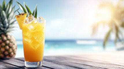 Tropical cocktail on a rustic wooden table, with pineapple and ocean vista, evoking a refreshing break on a sunny day