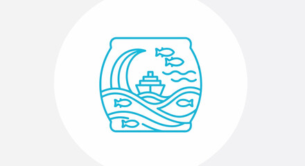 Fototapeta premium Aquarium Scene with Ship and Fish in Stylized Waves.