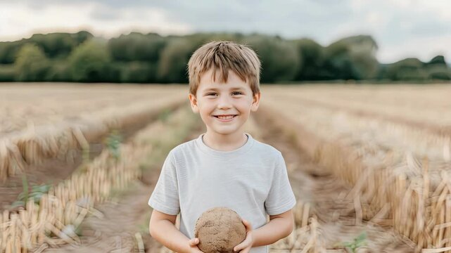 A joyful child stands in a vast field, proudly holding a freshly harvested potato amidst rows of cultivated crops