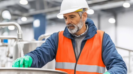 Experienced maintenance worker cleaning stainless steel machinery at industrial food processing plant, ensuring hygiene and safety