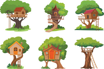 Cartoon treehouse vector set, cute wooden huts on trees, forest home collection, kids playground illustration