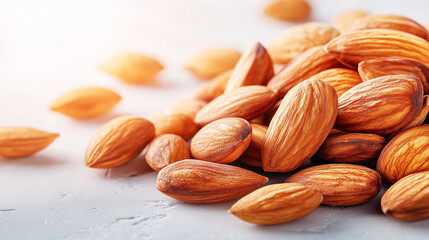 Raw almonds scattering on light background, creating healthy eating, nutrition, and plant based food concepts