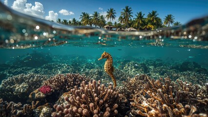 Coral reef with seahorse underwater scene, tropical island with palm trees in background, vibrant marine life, and clear water.