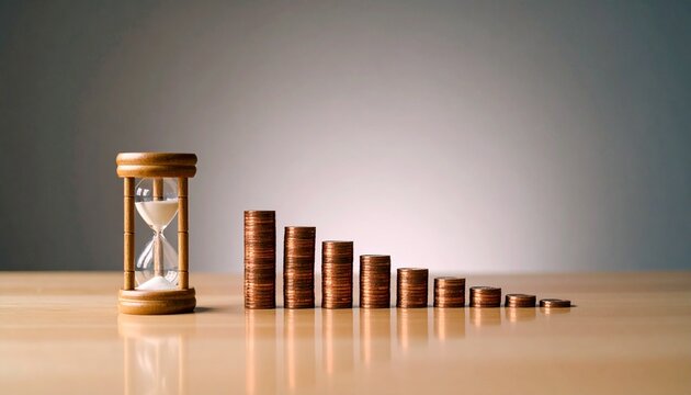 Hourglass and ascending coin stacks on wood surface with warm gradient background symbolizing time and financial growth.