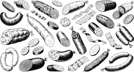 Vintage sketch collection of meat sausages salami and bacon vector illustration isolated on white background.