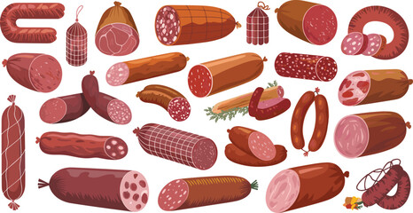 Collection of meat sausages and salami vector illustration isolated on white background for food design.