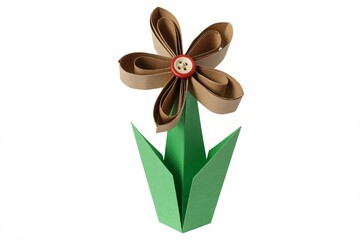 Handcrafted Cardboard Paper Flower with Origami Stem on White Background