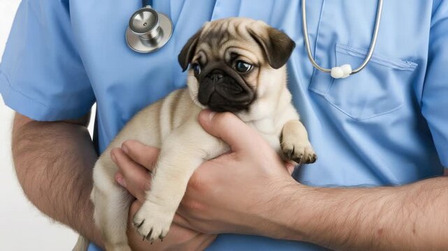 A veterinarian holds a young pug puppy, ensuring it receives a thorough health check while providing comfort and care - Powered by Adobe