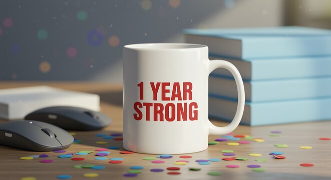 One year strong milestone celebration with mug confetti and workspace setup