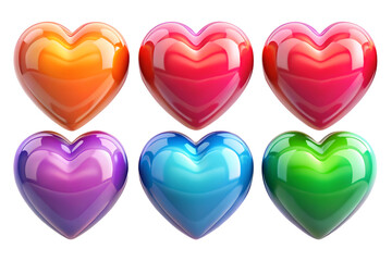 3D Glossy Colorful Hearts Collection Render on Transparent Background PNG 
