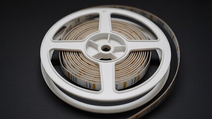 Top-View White Plastic LED Strip Light Reel on Black Background